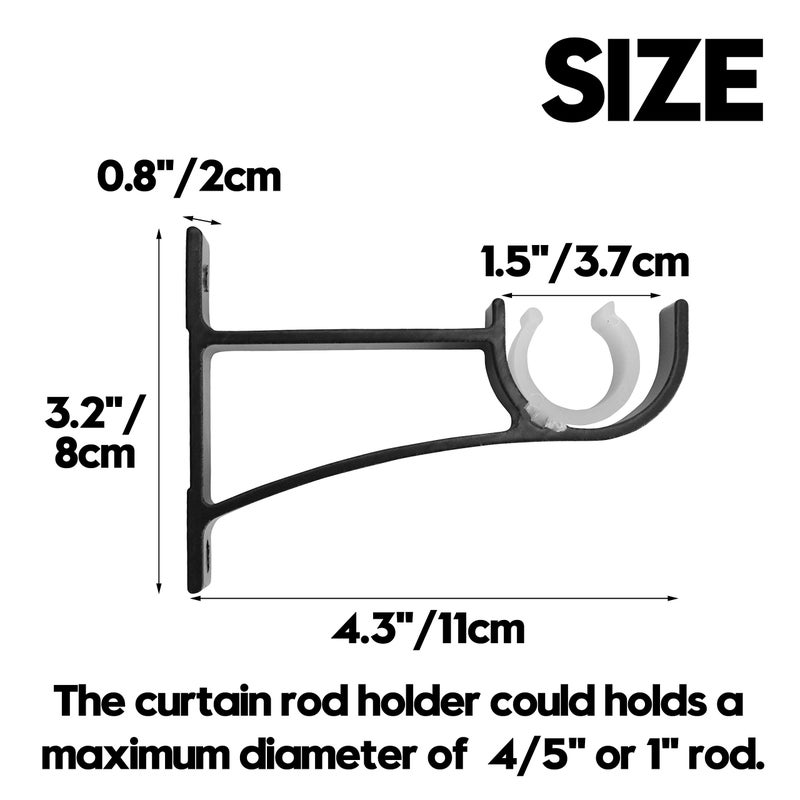 AddGrace 4 Pack Heavy duty Curtain Rod Bracket Single Curtain Rod Holders for 0.8 to 1 Inch Drapery Rod Sturdy Curtain Rod Hooks for Living Room Bedroom Bathroom Black - Image 2